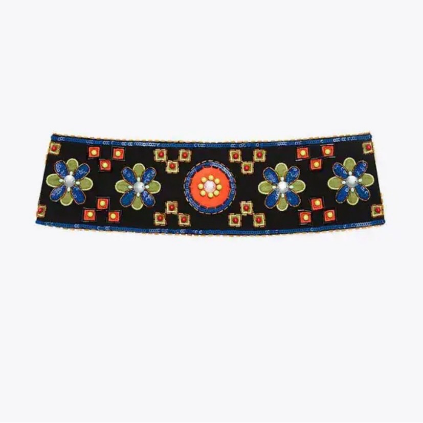 Tory Burch Black Belt With Colorful Embroidery